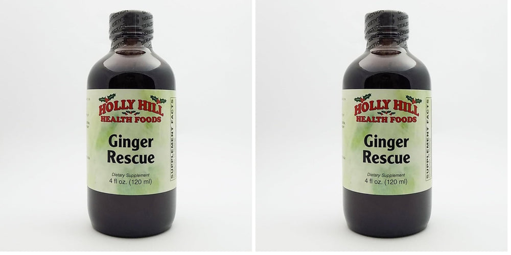 Holly Hill Ginger Rescue Syrup bottle on kitchen counter, ideal for ginger-flavored tea