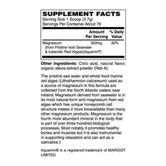 Holly Hill Health Foods magnesium powder label close-up highlights non-GMO vegan certification and allergen-free promise