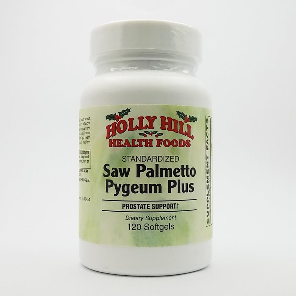 Holly Hill Saw Palmetto Pygeum Plus bottle showing standardized blend for prostate support.