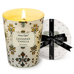 Home Lights lavender-vanilla candle jar enhances calm spaces with soothing fragrance.