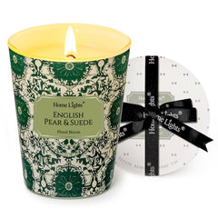 Home Lights pear-suede candle jar enhances decor with a clean, long-lasting scent throw.