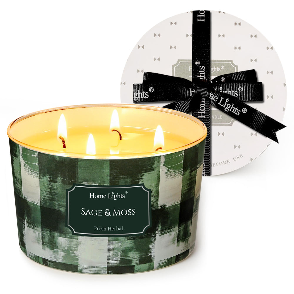 Home Lights Sage Moss 4-Wick Candle Jar enhances living room ambiance with inviting herbal notes.