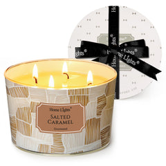 Home Lights salted caramel 4-wick candle in a clear jar for cozy evenings.