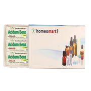 HomeoMart Acidum Benzoicum pellets in glass vial for easy storage and transport.