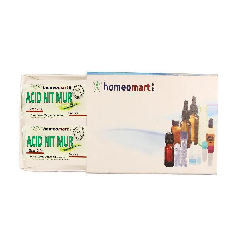 HomeoMart Acidum Nitro Muriaticum pellets in 200C pack for on-the-go use.