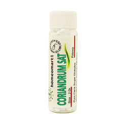 Close-up of Coriandrum Sativum pellet vial from HomeoMart.