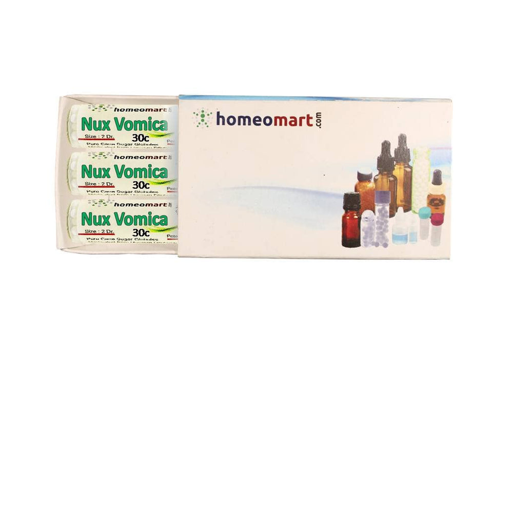 HomeoMart Nux Vomica 30c pellets in a bottle, ready for on-the-go use.