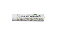 Radium Bromide pellets shown in 2-dram glass vials for precise dosing