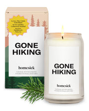 Homesick Gone Hiking candle label close-up for rustic home ambiance.