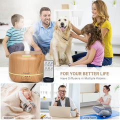 Homeweeks diffuser wood grain night light providing ambient glow.