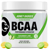 Honey Badger BCAA-EAA powder bottle with label, vegan, workout-ready.
