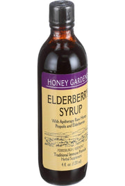 Honey Gardens APIARIES Elderberry Honey Syrup bottle showing raw honey and elderberry for daily wellness
