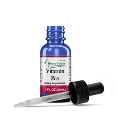 HoneyCombs Vitamin B12 liquid drops bottle being poured for daily wellness