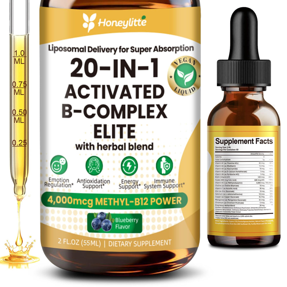 Honeylitte Liquid B Complex bottle on desk highlighting vegan brain support packaging