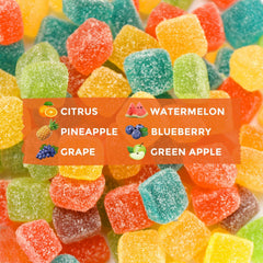 Hoolo hemp gummies close-up of bite-sized chews with vibrant colors