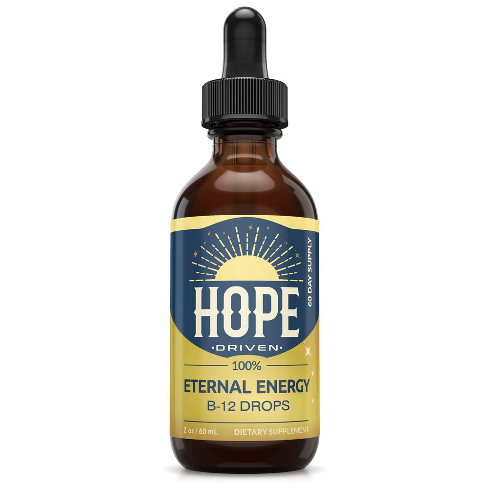 Hope Driven Eternal Energy bottle front view showing vegan, fast-absorbing B12 formula