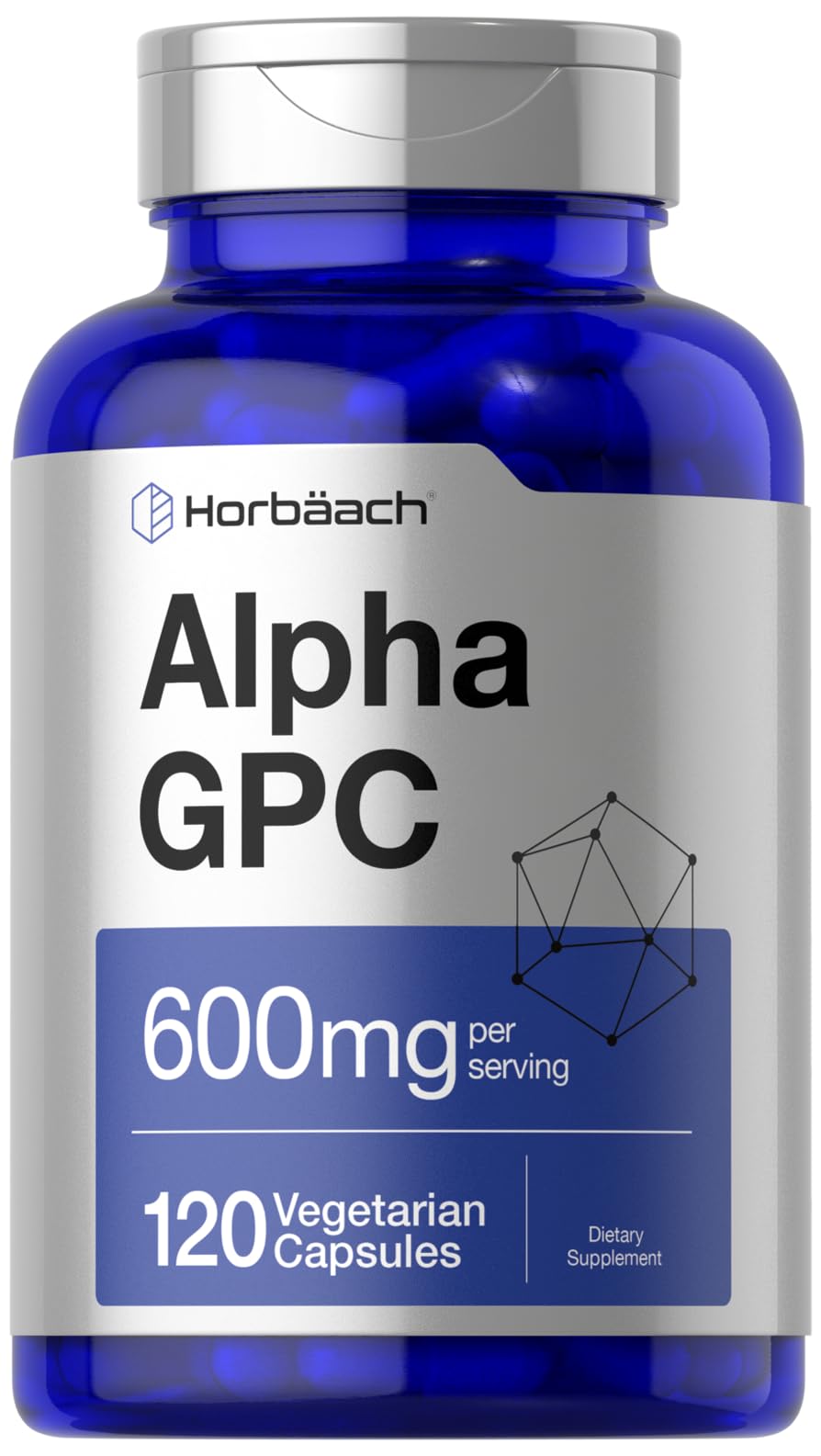 Horbaach Alpha GPC 600mg bottle displaying capsules for daily cognitive support.