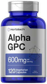 Horbaach Alpha GPC 600mg bottle displaying capsules for daily cognitive support.