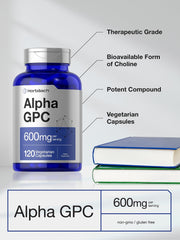 Horbaach Alpha GPC label nutrition highlights 600mg per serving and allergen-free features.