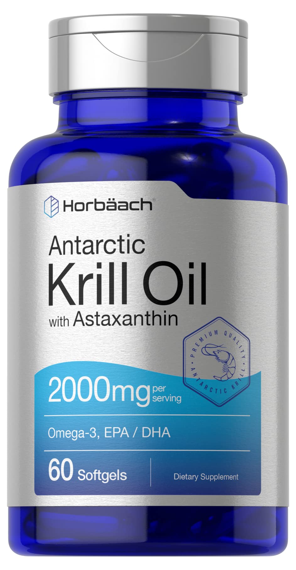 Horbaach Antarctic Krill Oil softgel bottle rich in omega-3s and astaxanthin