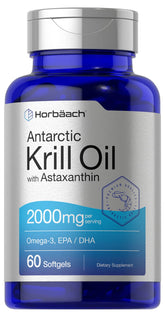 Horbaach Antarctic Krill Oil softgel bottle rich in omega-3s and astaxanthin