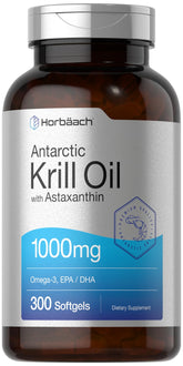 Horbäach Antarctic Krill Oil bottle highlights omega-3 support for daily wellness.