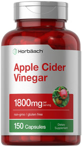 Horbäach Apple Cider Vinegar Capsules 1800mg close-up showing potency.