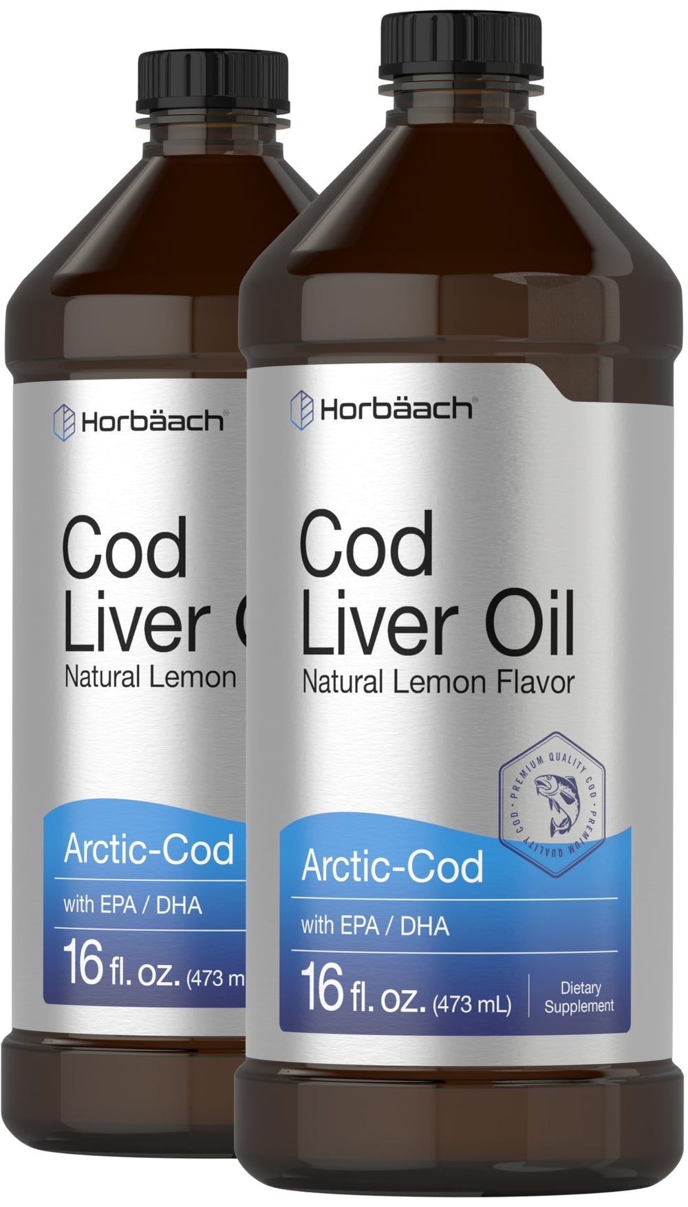 Horbäach Arctic Cod Liver Oil bottle with lemon flavor, convenient daily supplement.