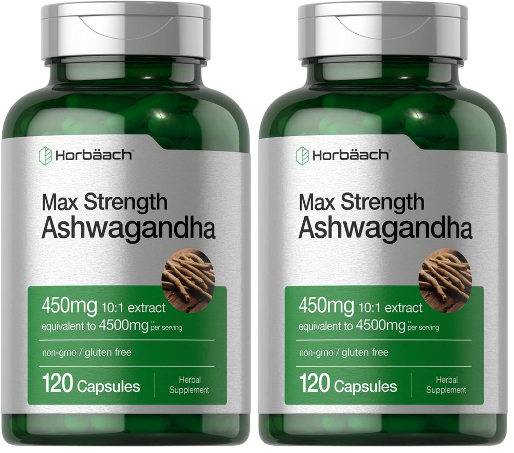 Horbäach Ashwagandha bottle top view for daily wellness support.