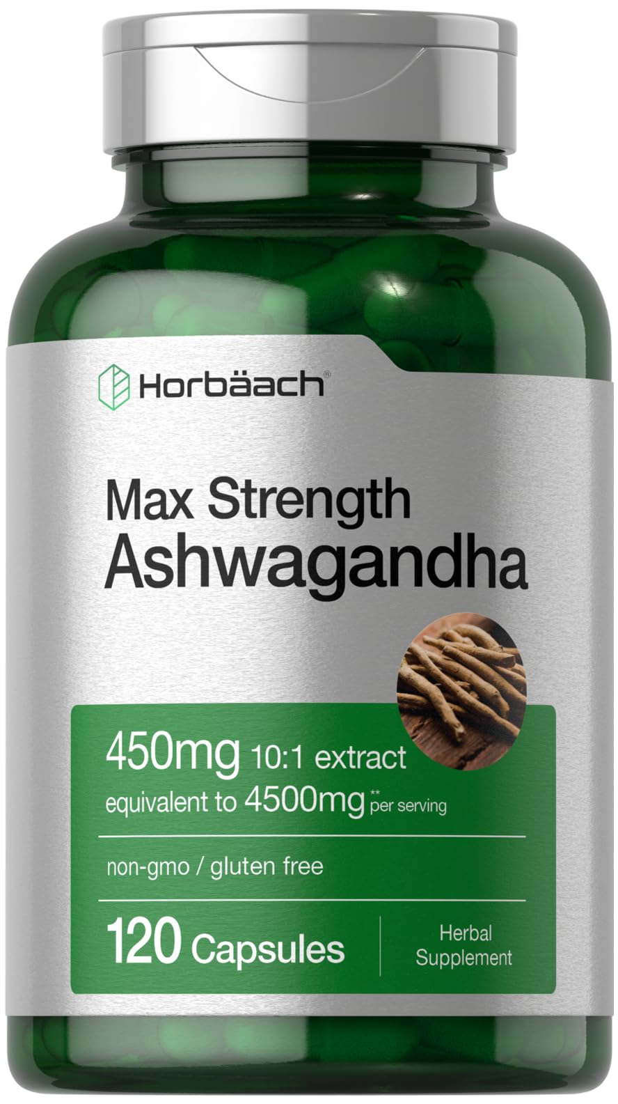 Horbaach Ashwagandha bottle with capsules for daily wellness support.
