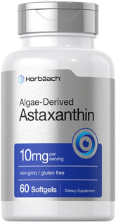Horbäach Astaxanthin 10mg softgels bottle front for daily antioxidant support.