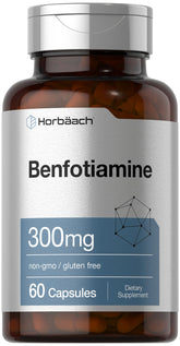 Horbaach Benfotiamine 300mg bottle shown for daily supplementation.