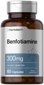 Horbaach Benfotiamine 300mg bottle shown for daily supplementation.