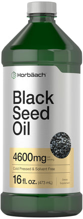 Horbäach Black Seed Oil bottle on shelf highlighting omega 6 and 9.