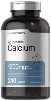 Horbäach Calcium 1200 mg softgels bottle indicating daily bone support.