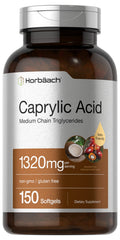 Horbaach Caprylic Acid 1320mg softgels bottle shows fast-absorbing support for keto routines.