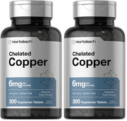Horbäach Chelated Copper 6 mg bottle pour, easy-to-swallow vegetarian tablets.