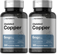 Horbäach Chelated Copper 6 mg bottle pour, easy-to-swallow vegetarian tablets.