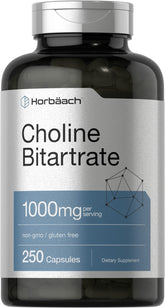 Horbaach Choline Bitartrate bottle front highlighting high potency and gluten-free formula.