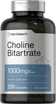 Horbaach Choline Bitartrate bottle front highlighting high potency and gluten-free formula.