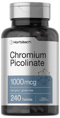 Horbaach Chromium Picolinate 1000mcg tablets bottle supporting daily wellness routines.