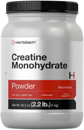 Horbäach Creatine Monohydrate powder bottle with scoop ready for daily workout support.