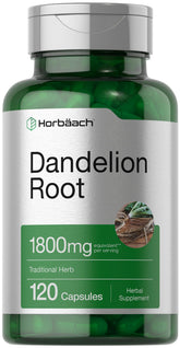 Horbäach Dandelion Root 1800mg bottle showing gluten-free and non-GMO formula for daily wellness