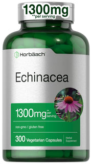 Horbaach Echinacea Extract capsules bottle showing potent 1300 mg formula for immune support