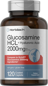 Horbäach Glucosamine HCL bottle front with 120 coated caplets for daily joint support.