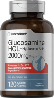 Horbäach Glucosamine HCL bottle front with 120 coated caplets for daily joint support.