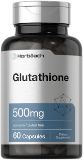 Horbaach Glutathione 500mg bottle with quick-release capsules for daily antioxidant support.