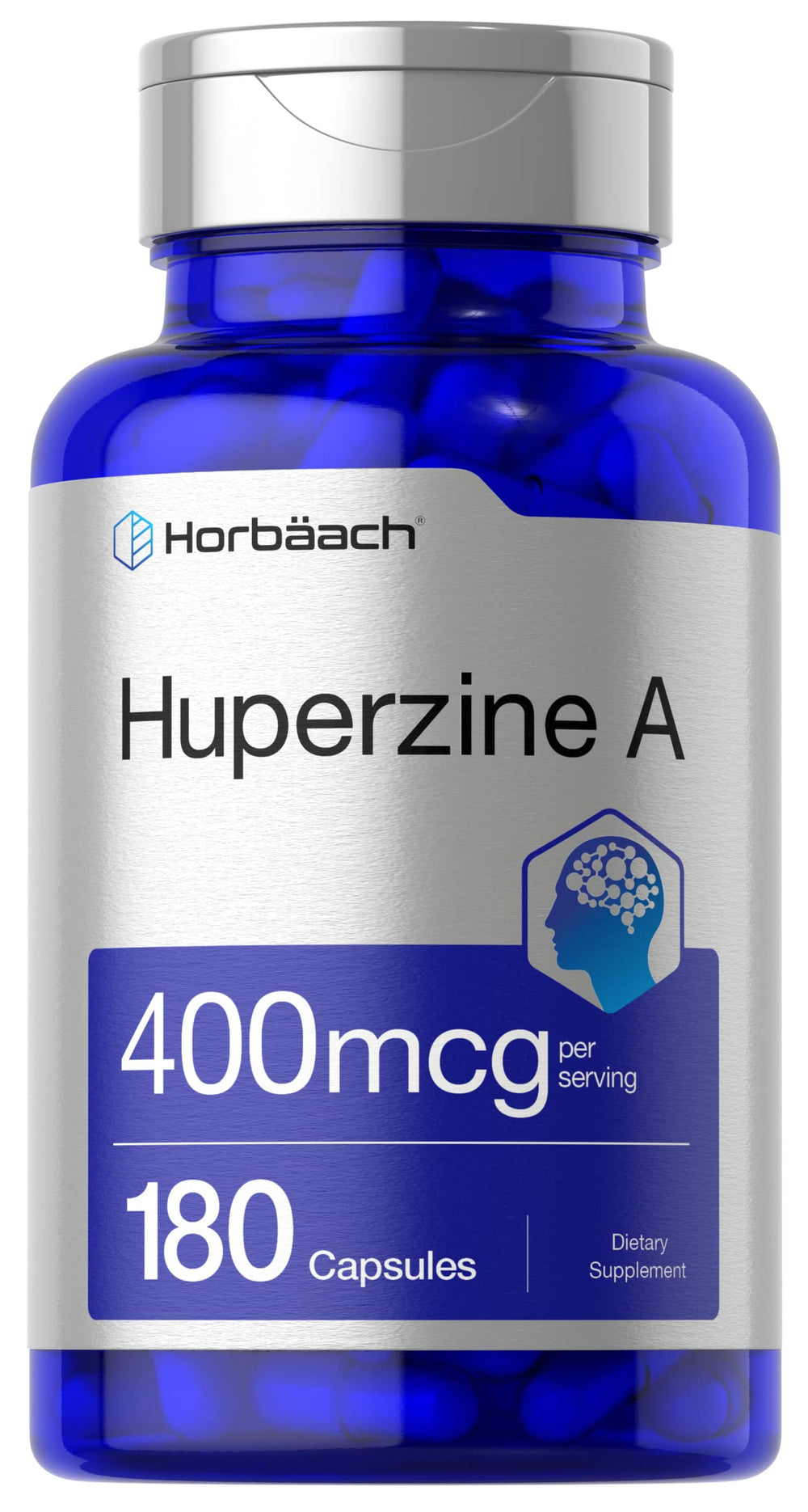 Horbäach Huperzine A bottle front with 400 mcg per serving.