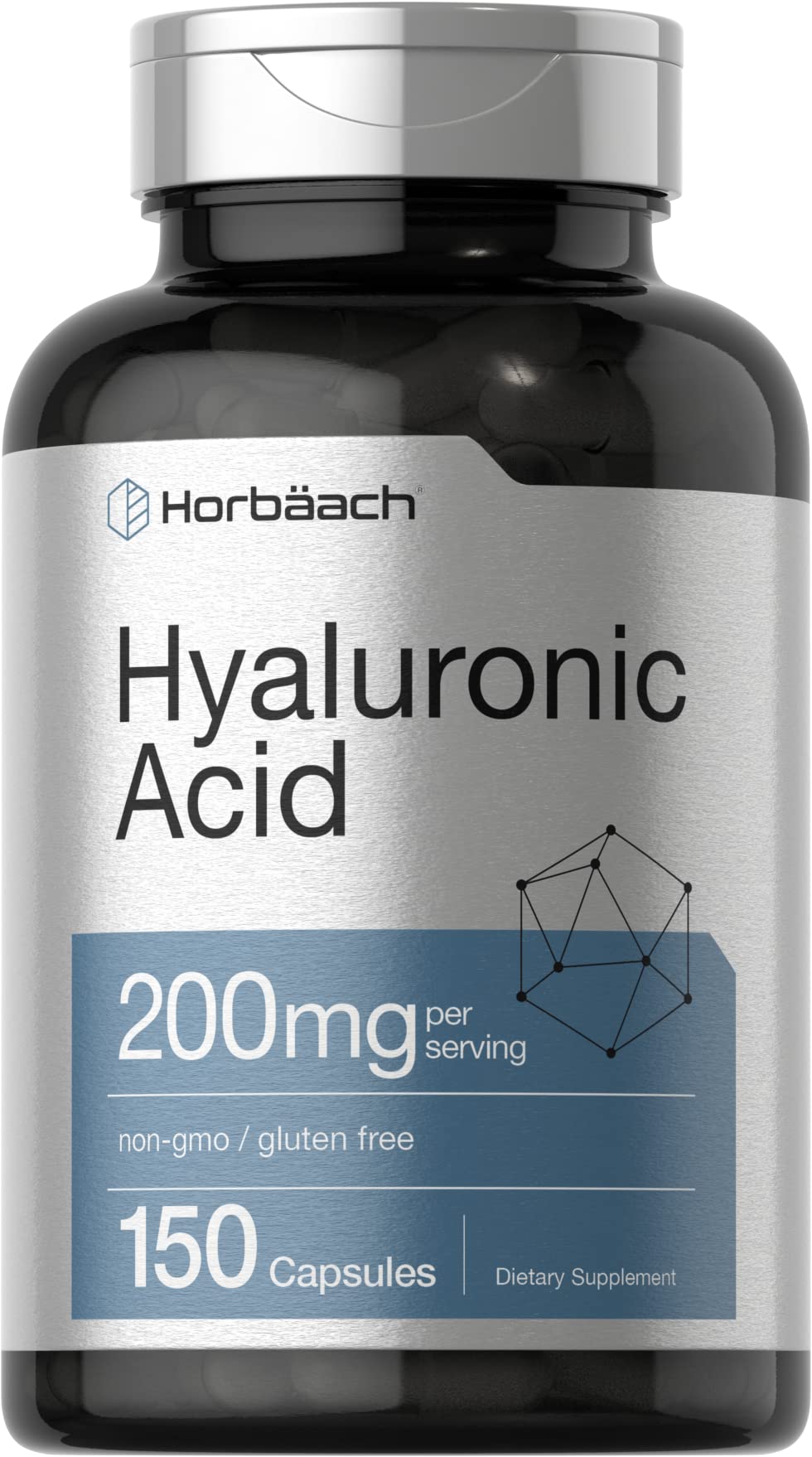 Horbäach Hyaluronic Acid 200 mg bottle highlights gluten-free, non-GMO formulation for daily hydration.