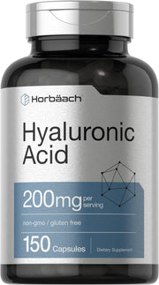 Horbäach Hyaluronic Acid 200 mg bottle highlights gluten-free, non-GMO formulation for daily hydration.